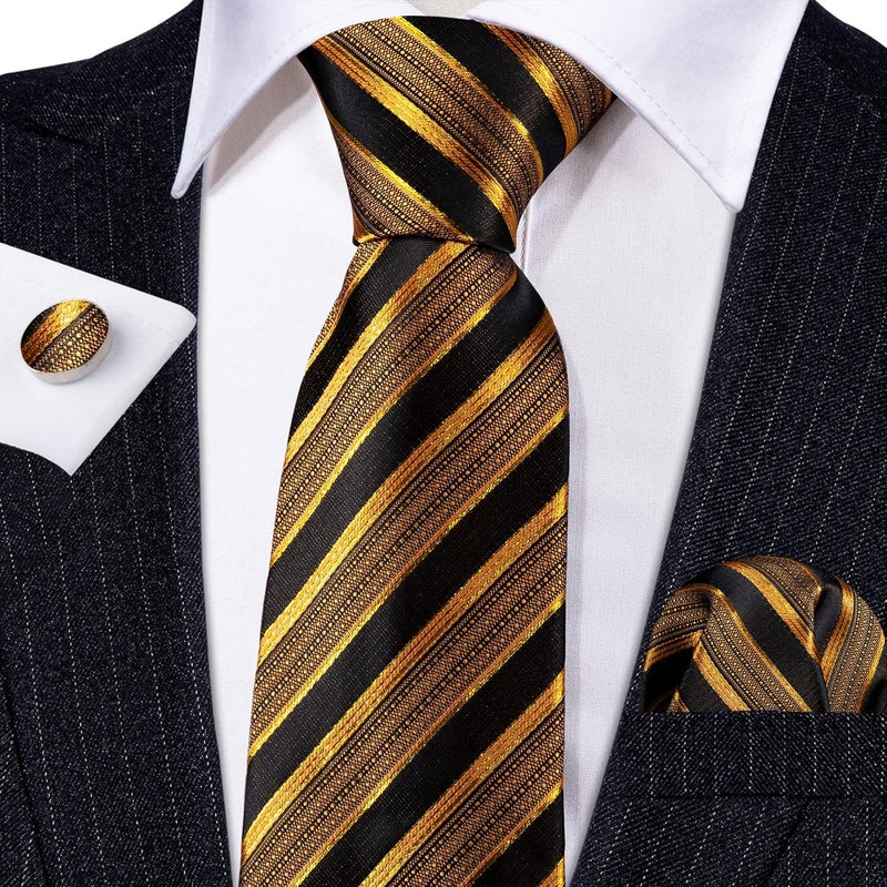 Barry.Wang Store Tie Sets for Men Silk Stripe Necktie Woven Checkered Handkerchief Cufflinks Formal Business Wedding - Image 3